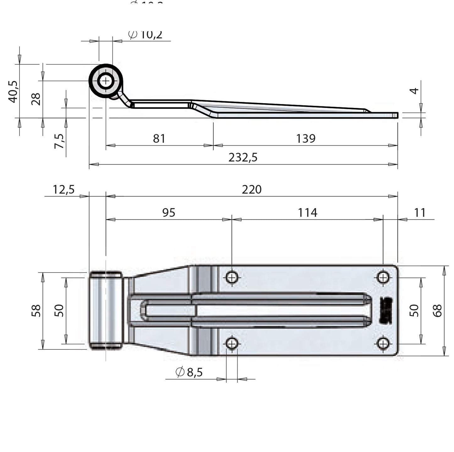 fip GFK Scharnierblatt 220mm Kiesling Zeichnung