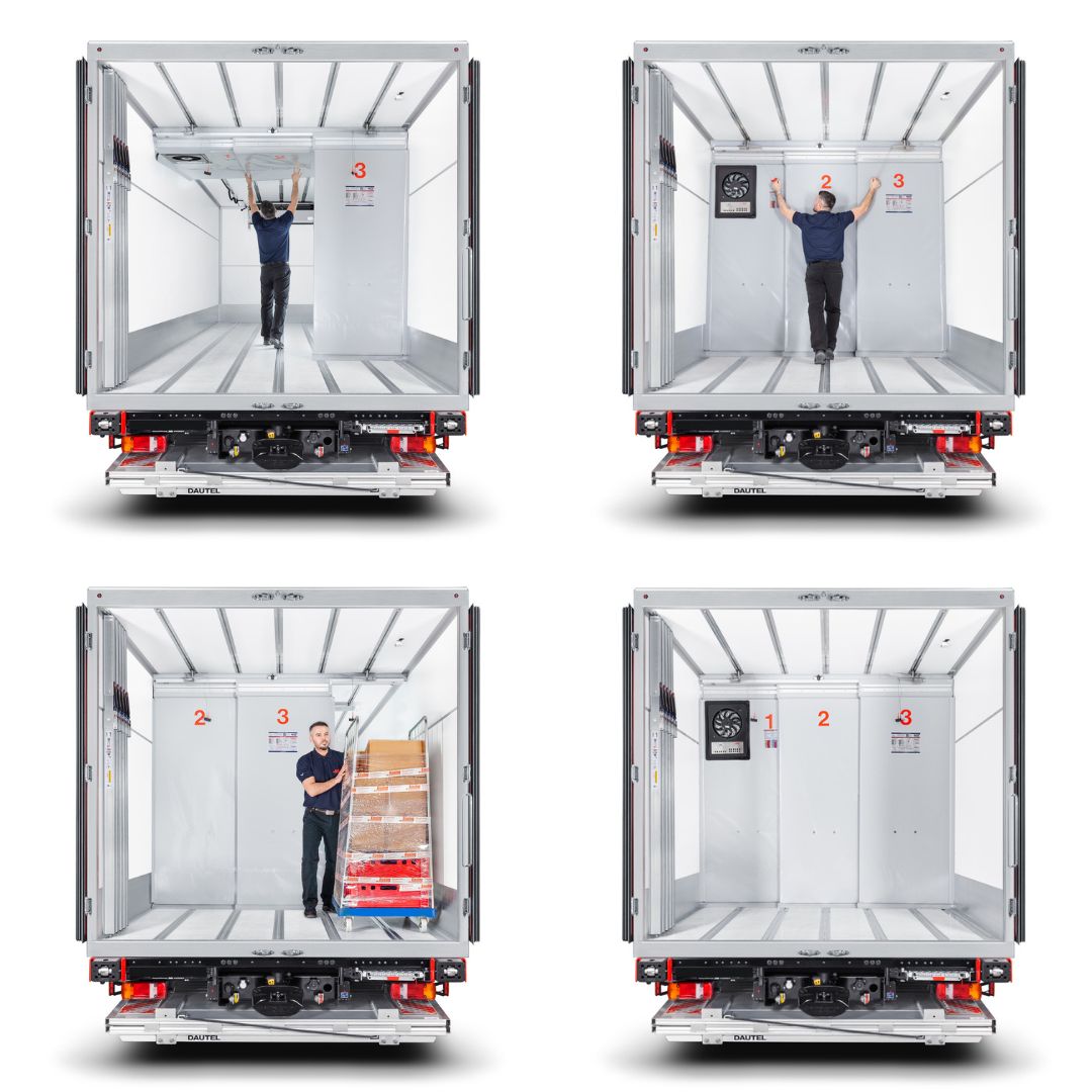 4 Bilder der Bedienung von Cool Slide Trennwand für Kühltransporte in mehreren Temperaturbereichen