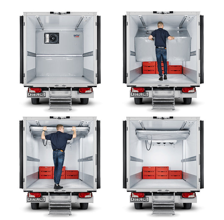 4 Bilder Cool Flap Trennwand in einem Kühltransporter während der Anwendung